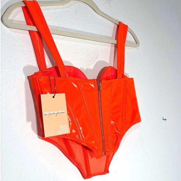 Mars The Label 8 Orange Vinyl Corset Top Bustier Stripper Club Dominatrix Latex - Picture 9 of 11